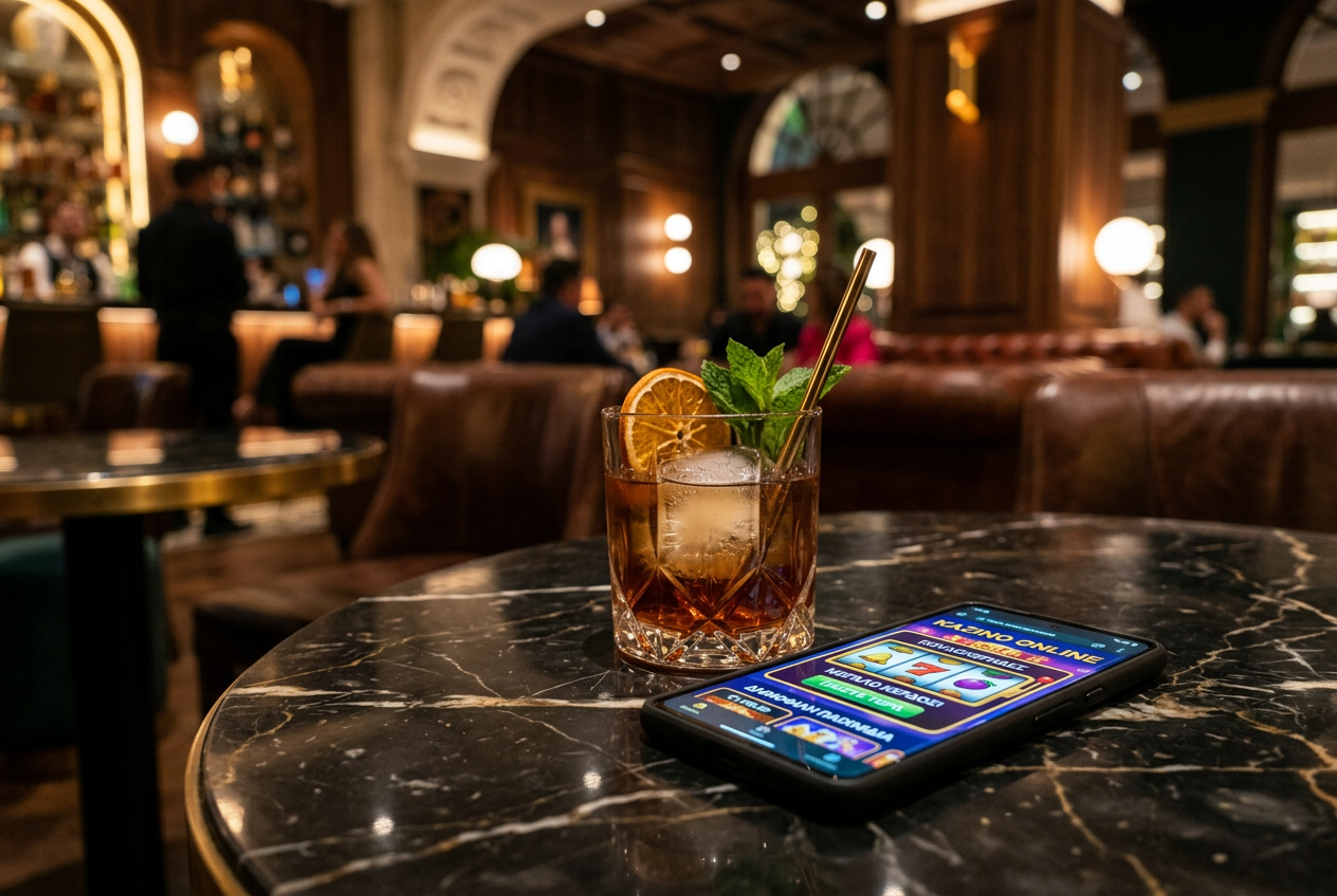 A high-end smartphone displaying a vibrant online casino interface next to a cocktail.